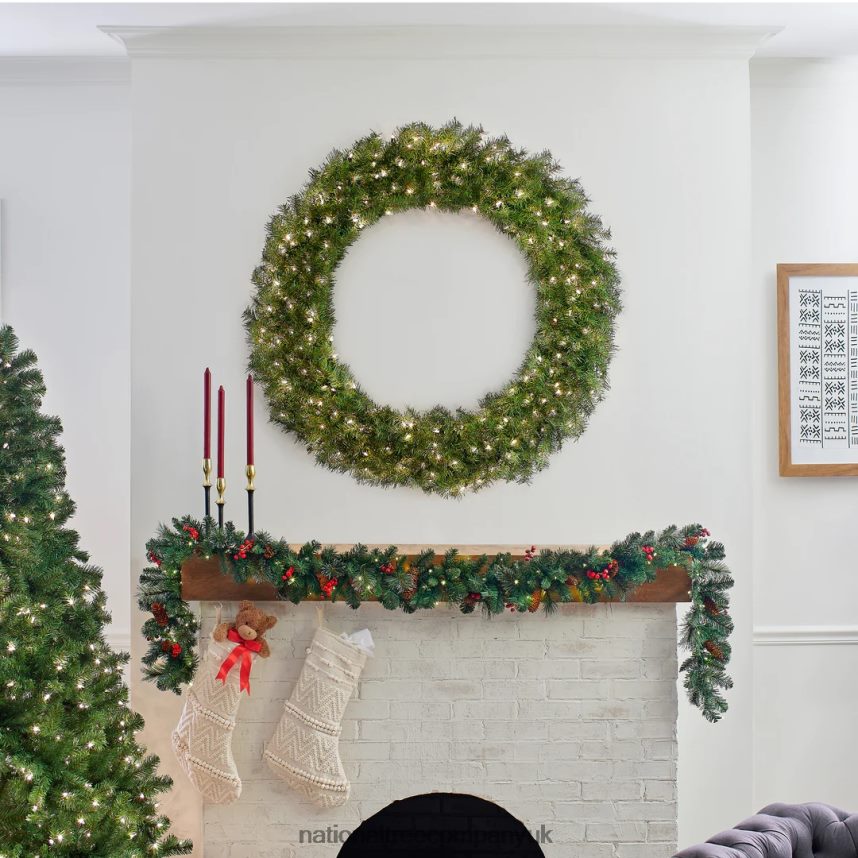 Greenery | National Tree Company Pre-Lit Artificial Christmas Wreath Green Norwood Fir White Lights Christmas Collection 48 Inches F2L4F230
